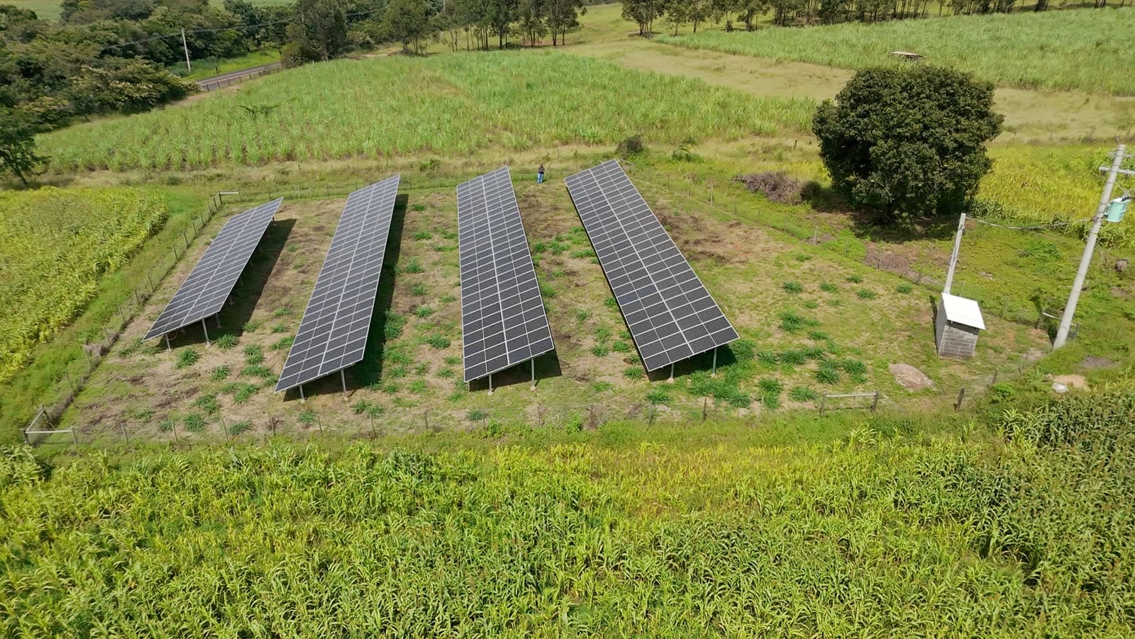 Vista aérea da usina solar rural em meio à plantação