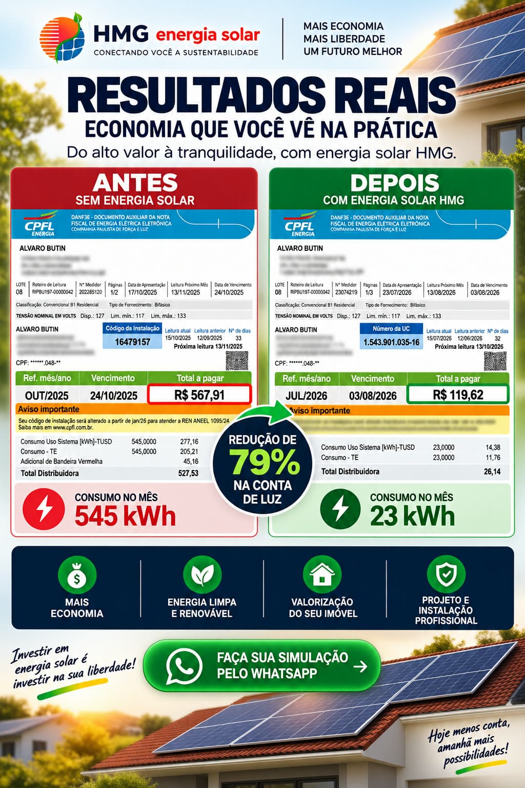 Comparativo antes e depois da conta de luz do cliente Alvaro — redução de 79%, de R$567,91 para R$119,62